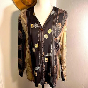 Yessica,14 vintage,Viscose Long sleeve button front Vneck floral, tapestry tunic